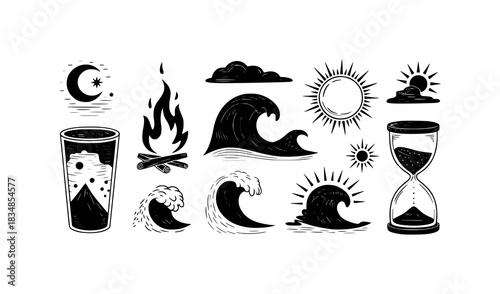 Collection of Black and White Icons: Moon, Fire, Waves, Sun, Hourglass, and Drink