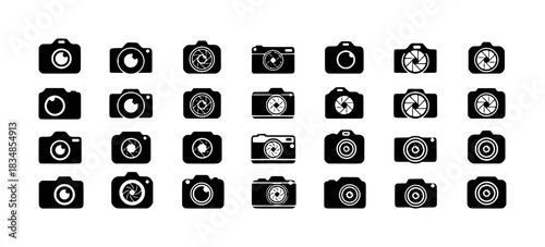 Collection of Black Camera Icons with Various Lens Designs on White Background