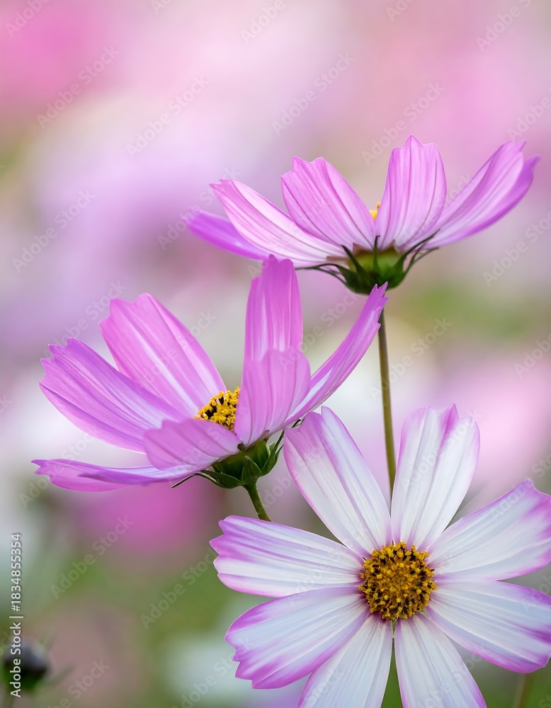 Fototapeta premium Close-up of delicate pink and white wildflowers, soft bokeh background