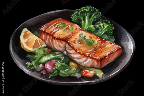 Grilled Salmon Fillet with Vegetables Illustration Broccoli, Zucchini and Orange Slices, Watercolor Food Art on Black isolated, Background