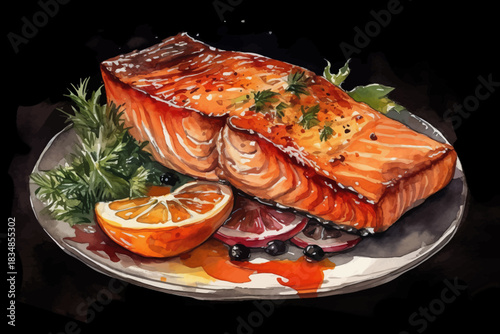 Grilled Salmon Fillet with Vegetables Illustration Broccoli, Zucchini and Orange Slices, Watercolor Food Art on Black isolated, Background