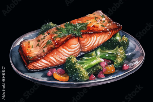 Grilled Salmon Fillet with Vegetables Illustration Broccoli, Zucchini and Orange Slices, Watercolor Food Art on Black isolated, Background