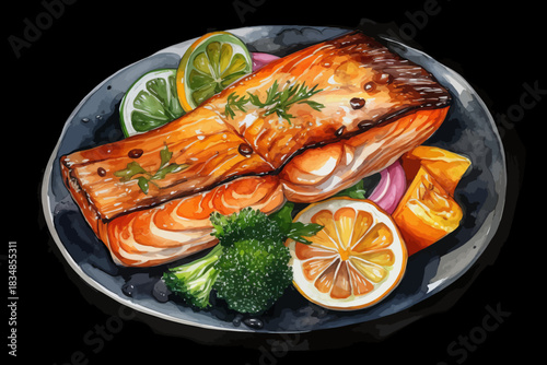 Grilled Salmon Fillet with Vegetables Illustration Broccoli, Zucchini and Orange Slices, Watercolor Food Art on Black isolated, Background