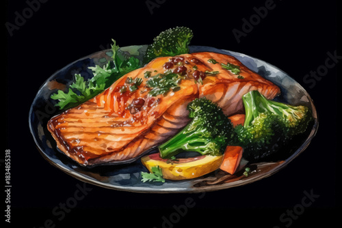 Grilled Salmon Fillet with Vegetables Illustration Broccoli, Zucchini and Orange Slices, Watercolor Food Art on Black isolated, Background