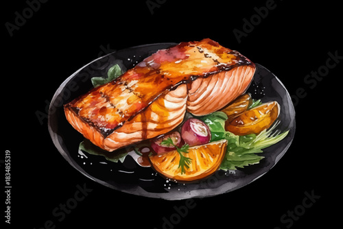 Grilled Salmon Fillet with Vegetables Illustration Broccoli, Zucchini and Orange Slices, Watercolor Food Art on Black isolated, Background