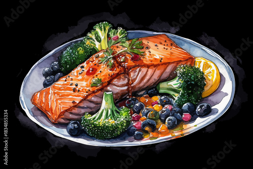 Grilled Salmon Fillet with Vegetables Illustration Broccoli, Zucchini and Orange Slices, Watercolor Food Art on Black isolated, Background