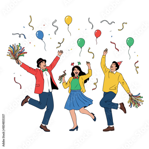 Three people celebrating with colorful balloons and confetti in a joyful scene with a festive mood.