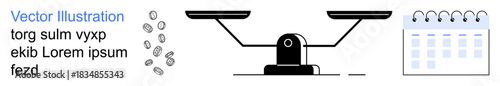 Financial planning, time management, decision-making, work-life balance, resource optimization, business strategy. Balance scale with scattered coins and a calendar. Financial planning and time