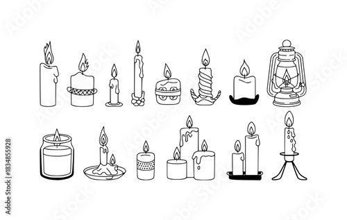 Collection of Hand-Drawn Candles and Lanterns in Various Styles