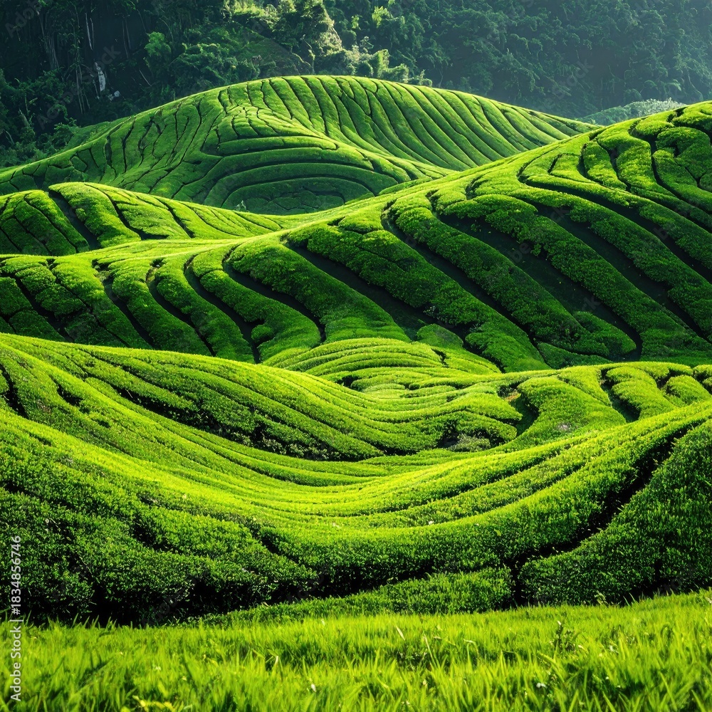 Fototapeta premium Lush green terraced tea fields stretch across rolling hills
