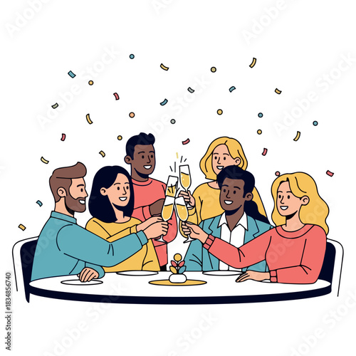Diverse group of people toasting with champagne glasses at a table with confetti in the air, conveying a joyful and celebratory mood.