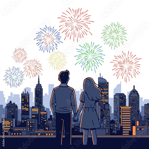 Silhouette of a romantic couple watching colorful fireworks explode above a city skyline at night with a vibrant and celebratory mood.