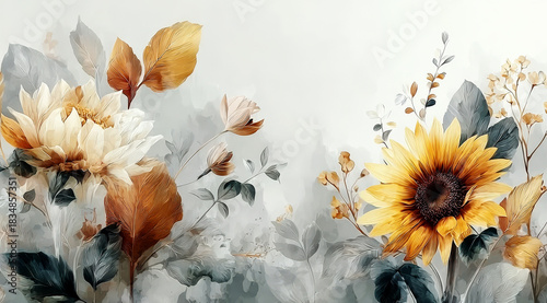 Beautiful watercolor floral illustration with sunflowers and various blooms