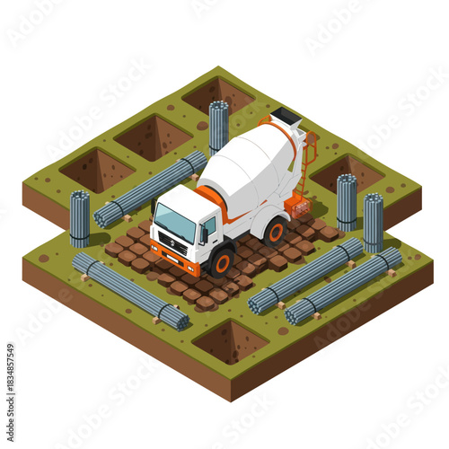 Isometric Concrete Mixer Truck on Construction Site with Foundation Elements.