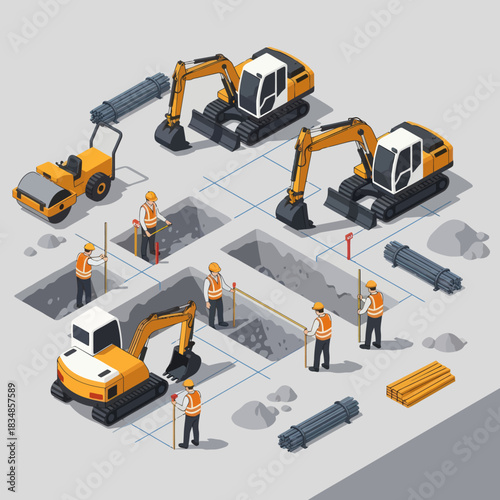 Isometric Construction Site with Heavy Machinery and Workers.