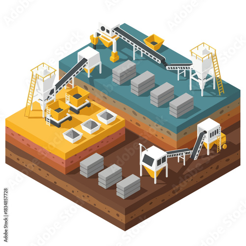 Isometric view of a concrete block manufacturing plant.