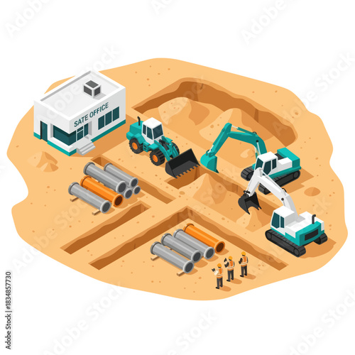 Isometric Construction Site with Heavy Machinery and Pipe Installation.