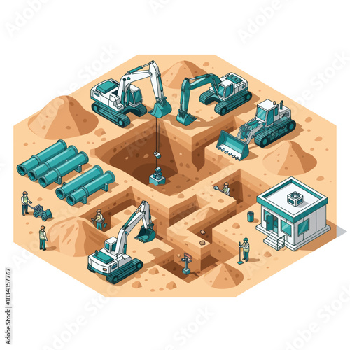 Isometric Construction Site with Heavy Machinery and Excavation.