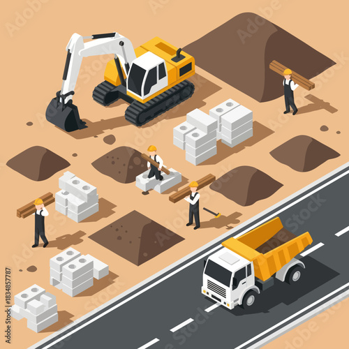 Isometric Construction Site with Workers and Heavy Machinery.