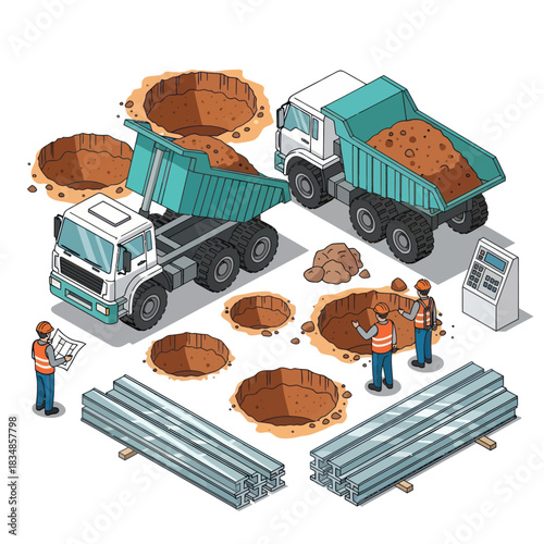 Construction site with trucks and workers involved in excavation and building.