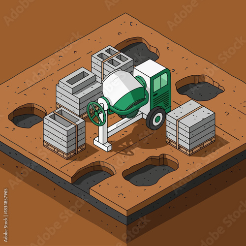 Isometric illustration of a cement mixer and concrete blocks at a construction site.