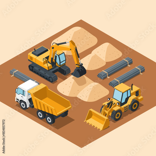 Construction site with heavy machinery and materials for building.