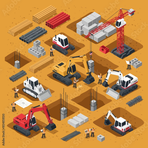 Isometric Construction Site with Heavy Machinery and Workers.