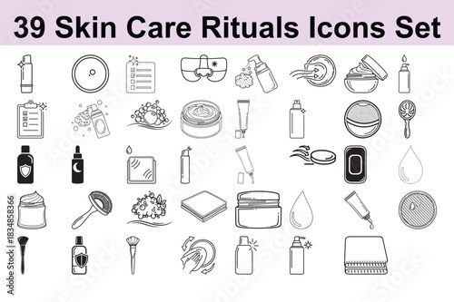 39 Skin care rituals icons set of facial treatment routine procedures with cleanser, lotion, mask, and beauty products, skincare tools