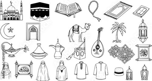 Collection of Hand Drawn Islamic and Arabic Cultural Symbols and Objects. Sketchy Doodle Icons representing Islam, Middle East Traditions, and Ramadan.