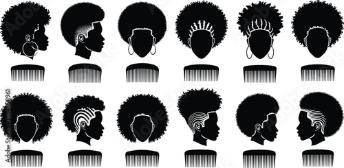 Afro Hairstyle Silhouette Vector Set Featuring Diverse Hair Designs and Afro Pick Combs in Black and White Cultural Icons