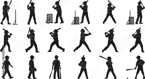 Baseball player silhouette collection showing batting, swinging, fielding, and training poses for sports design, coaching, and educational use
