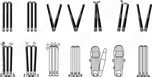 Cricket Stumps and Bails Vector Illustrations Showing Match Scenarios, Impact Movements, and Protective Gear in Black and White Silhouette Style