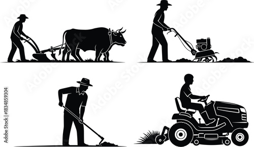 Set of Farming Silhouette Illustrations Showing Manual and Mechanized Cultivation Methods for Agricultural Design, Rural Graphics, and Educational Use