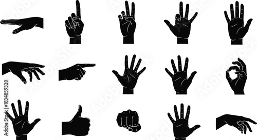 Set of Hand Gesture Silhouettes Featuring Common Signs Like Pointing, Counting, Thumbs Up, and OK for Graphic Design Use