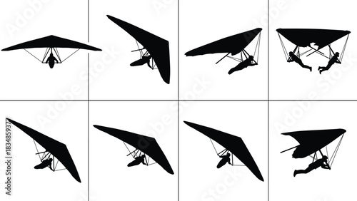 Set of hang glider silhouettes with pilots in flight positions for extreme sports, outdoor adventure, sky, and air motion design