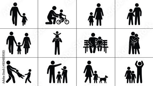 Parent and Child Silhouette Vector Illustrations Depicting Family Bonding, Caregiving Activities, and Emotional Connection in Black and White Icons
