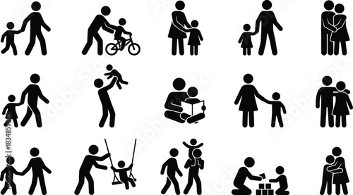 Parent and Child Silhouette Vector Set Depicting Care, Bonding, and Activities in Black and White Family Relationship Icons