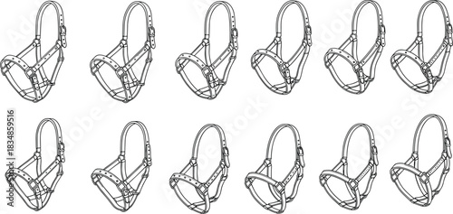 Set of Horse Halter Vector Illustrations Showing Design Variations, Buckle Details, and Strap Styles in Black and White Line Art