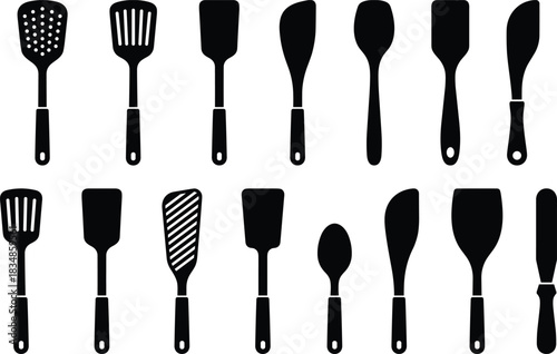 Set of Kitchen Spatula Silhouette Vector Illustrations Featuring Various Shapes, Blade Styles, and Handle Designs in Black and White