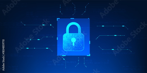 Cybersecurity Technology Lock with Digital Circuit Protection, Secure Data Encryption, Antivirus Defense, Preventing Cyber Attack and Malware Threats, Symbol of Modern Cyber Defense System Information