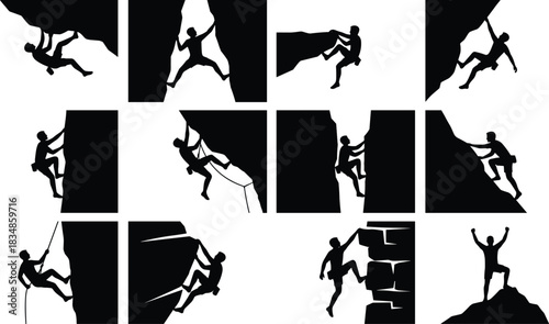 Set of Rock Climbing Silhouette Icons Featuring Climbers in Action Poses for Adventure Sports, Fitness Motivation, and Graphic Design