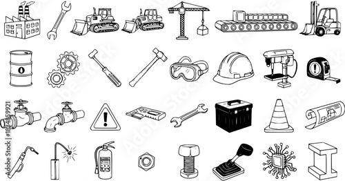 Hand-drawn Doodle Vector Icons Set: Industrial, Construction, Tools, Machinery, and Safety Equipment