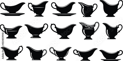 Silhouette collection of gravy boat designs featuring classic and ornate styles for kitchen, dining, culinary, restaurant, and serving ware themes