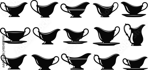 Silhouette collection of gravy boat designs featuring classic, ornate, and modern styles for dining, kitchenware, culinary, and serving themes