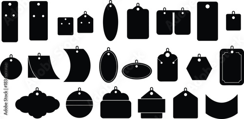 Set of black silhouette tag shapes with hanging holes for crafting, packaging, labeling, branding, and product presentation design