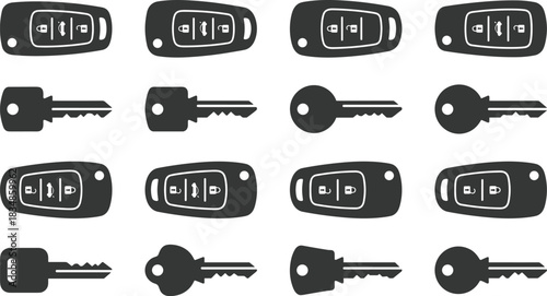 Set of car key and remote fob silhouettes in various styles for automotive design, security, locksmith, and vehicle illustrations