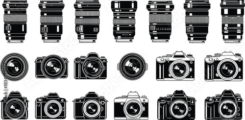 Essential Digital SLR and Mirrorless Camera Equipment Collection: Detailed Vector Illustration Set of Photography Lenses, Prime, Zoom, Telephoto, and Professional Body Silhouettes