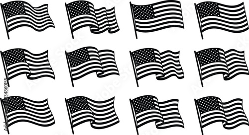United States Flag Vector Illustrations in Stylized Waving Forms, Black and White Patriotic Silhouettes with Stars and Stripes Design