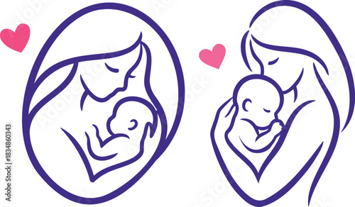 Motherhood icons showing mom holding baby with hearts around them