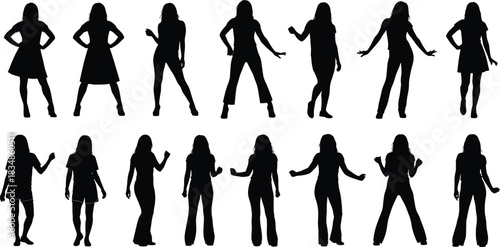 Female silhouettes, fashion poses, black shapes, white background, body diversity, clothing styles, graphic art, model reference, casual, dynamic